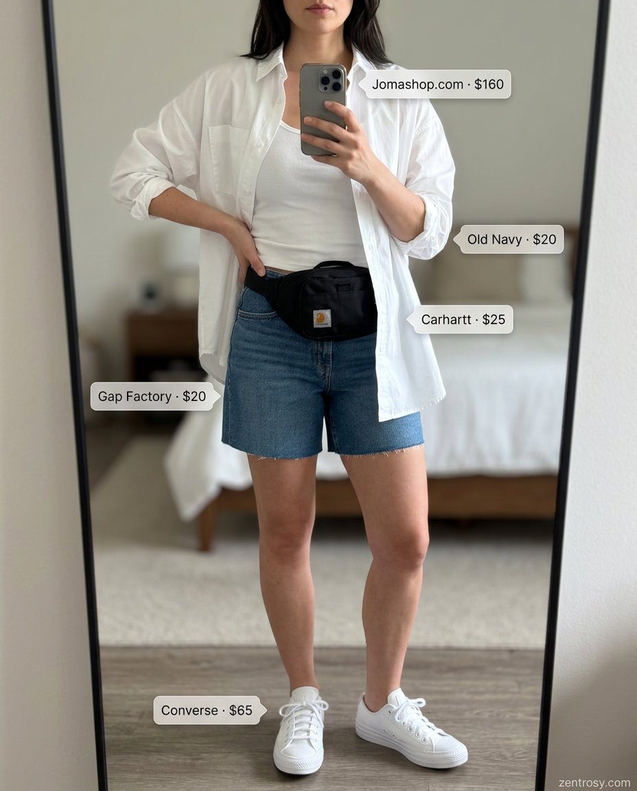 Denim shorts with oversized shirt, sneakers, and belt bag: essential summer must have outfits for women 2026.