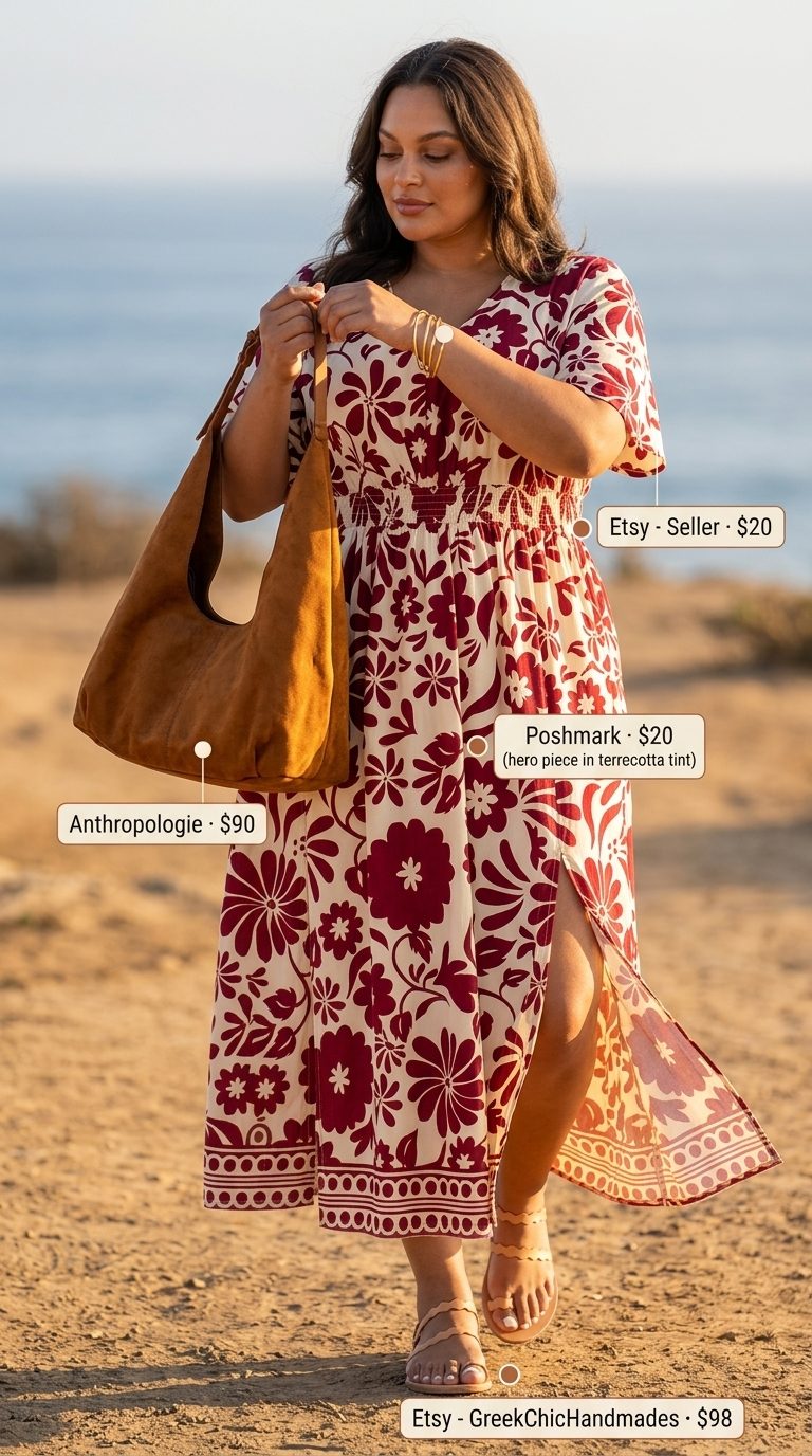 Essential summer must have outfits for women 2026: Cream floral maxi dress with tan sandals for a boho beach vacation vibe.