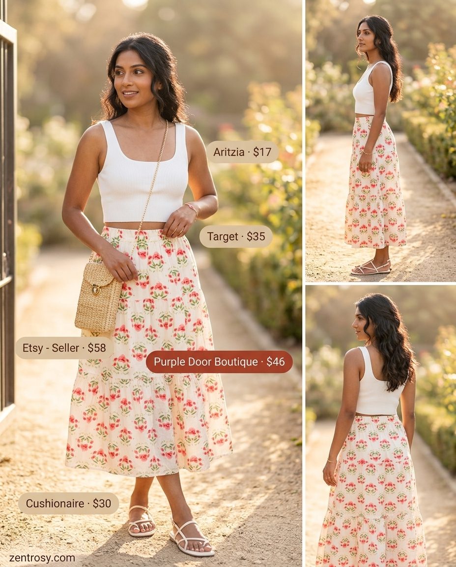 Essential summer must have outfits for women 2026: Cream floral midi skirt with white crop top, perfect for a picnic or garden party.