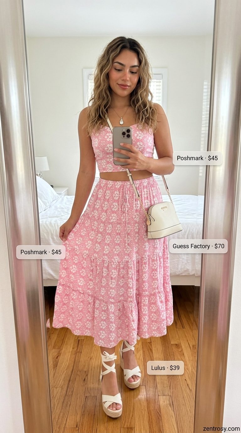 Essential summer must have outfits for women 2026: Pastel floral midi skirt set with espadrilles and crossbody bag for a garden party.