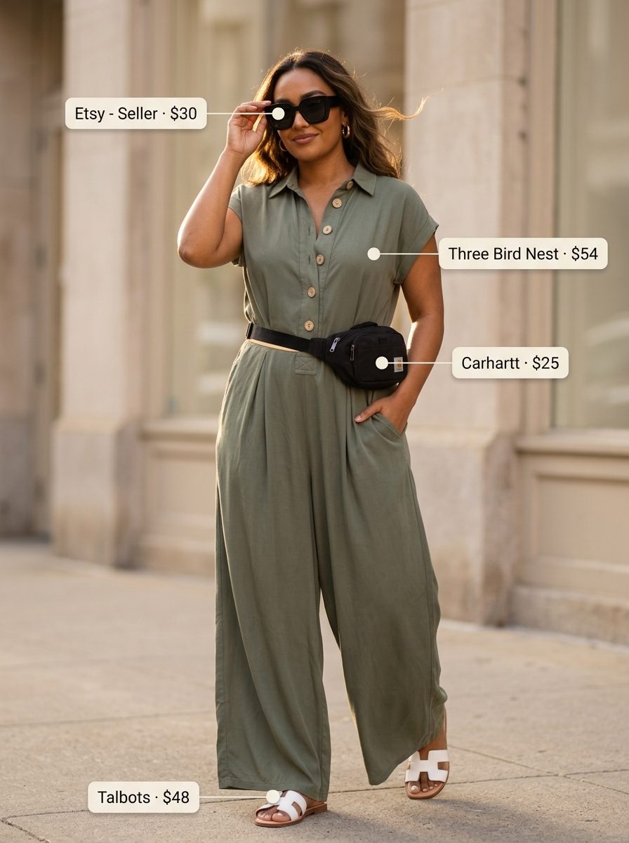 Essential summer must have outfits for women 2026: Olive green linen jumpsuit with white slides for a chic, utilitarian look.
