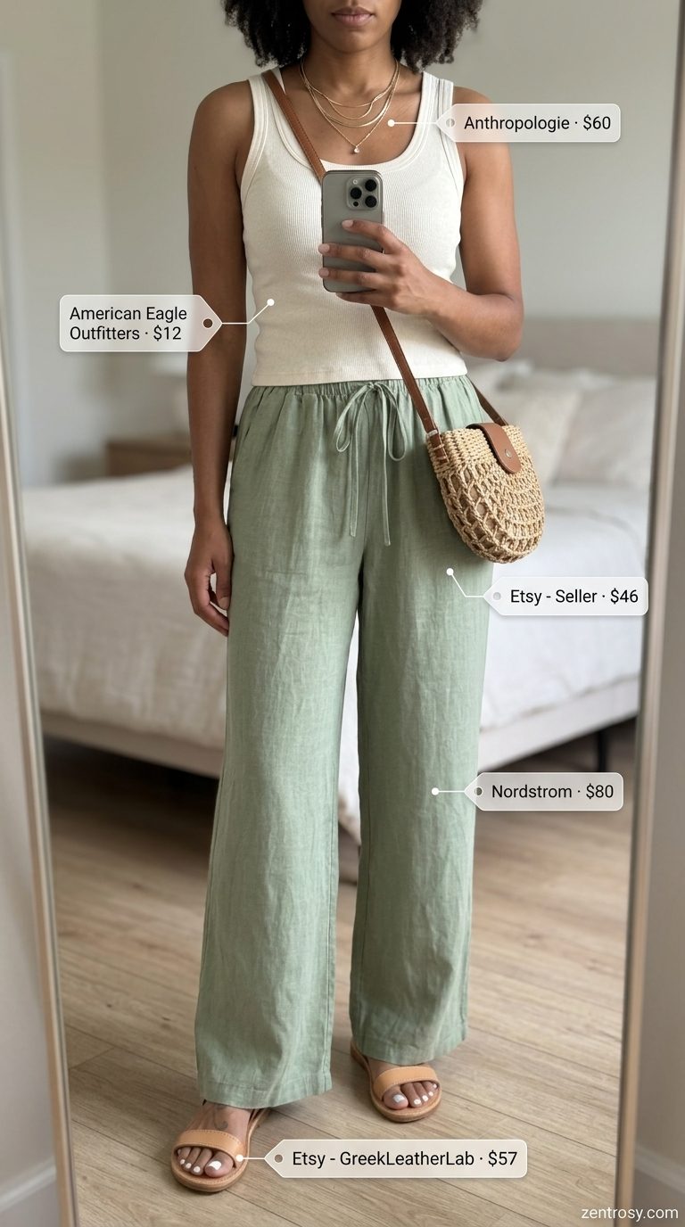 Sage green linen pants with cream tank, sandals, and straw bag: essential summer must have outfits for women 2026.