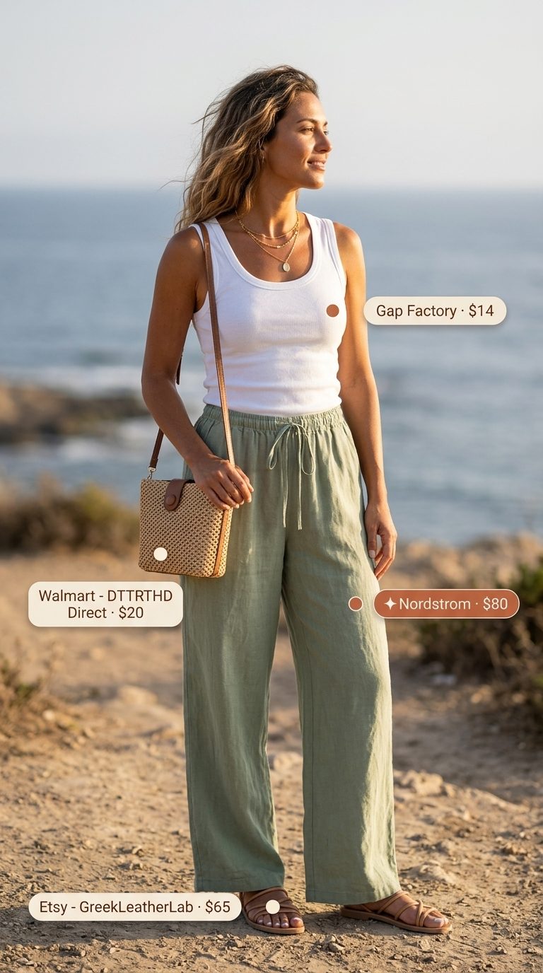 Essential summer must have outfits for women 2026: Sage green linen wide-leg pants with cream knit top for a relaxed coastal vibe.
