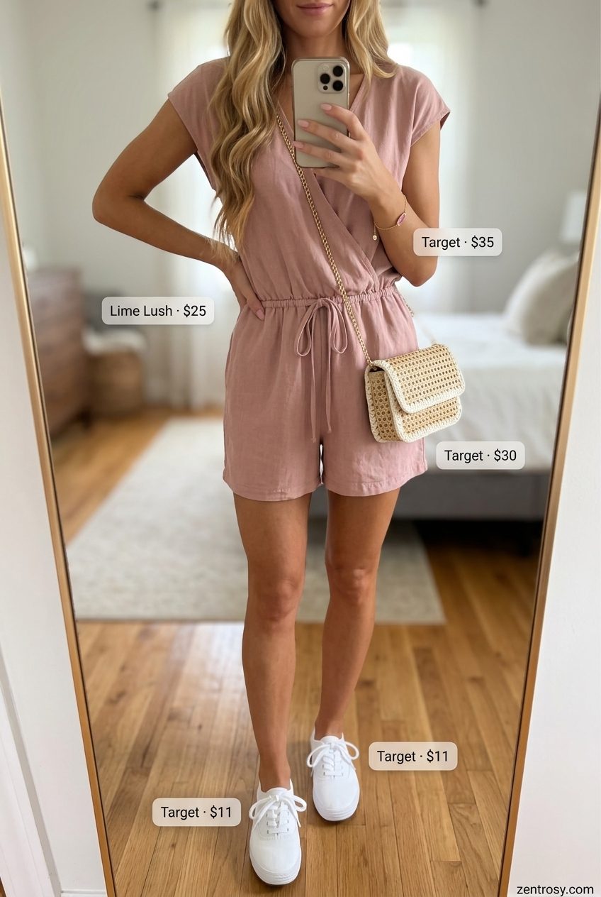 Blush pink linen romper with white sneakers and straw bag: essential summer must have outfits for women 2026.