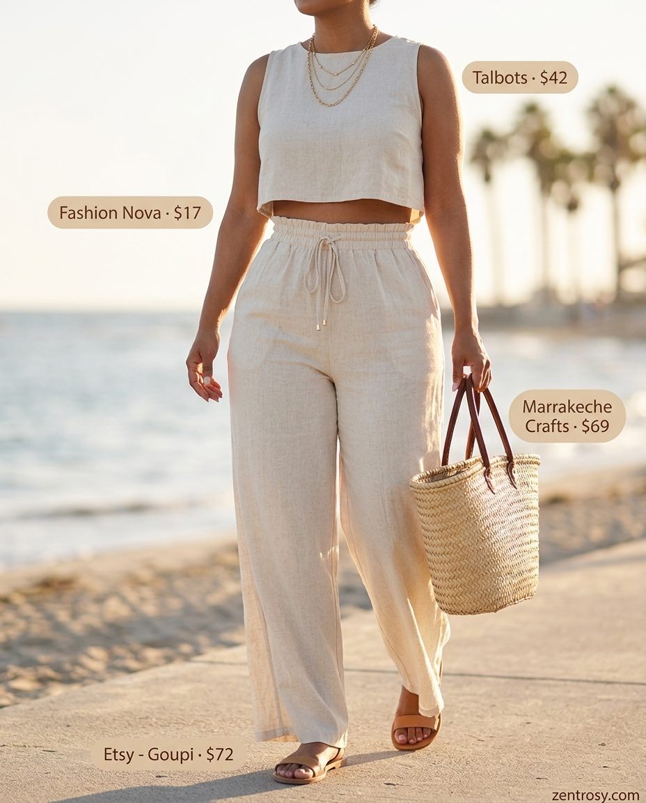 Essential summer must have outfits for women 2026: Ecru linen set with flat sandals and layered gold necklaces for a breezy beach day.