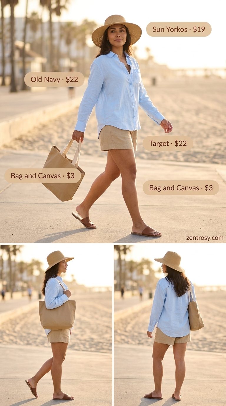 Essential summer must have outfits for women 2026: White straw hat, linen shorts, and oversized blue linen shirt for a relaxed look.
