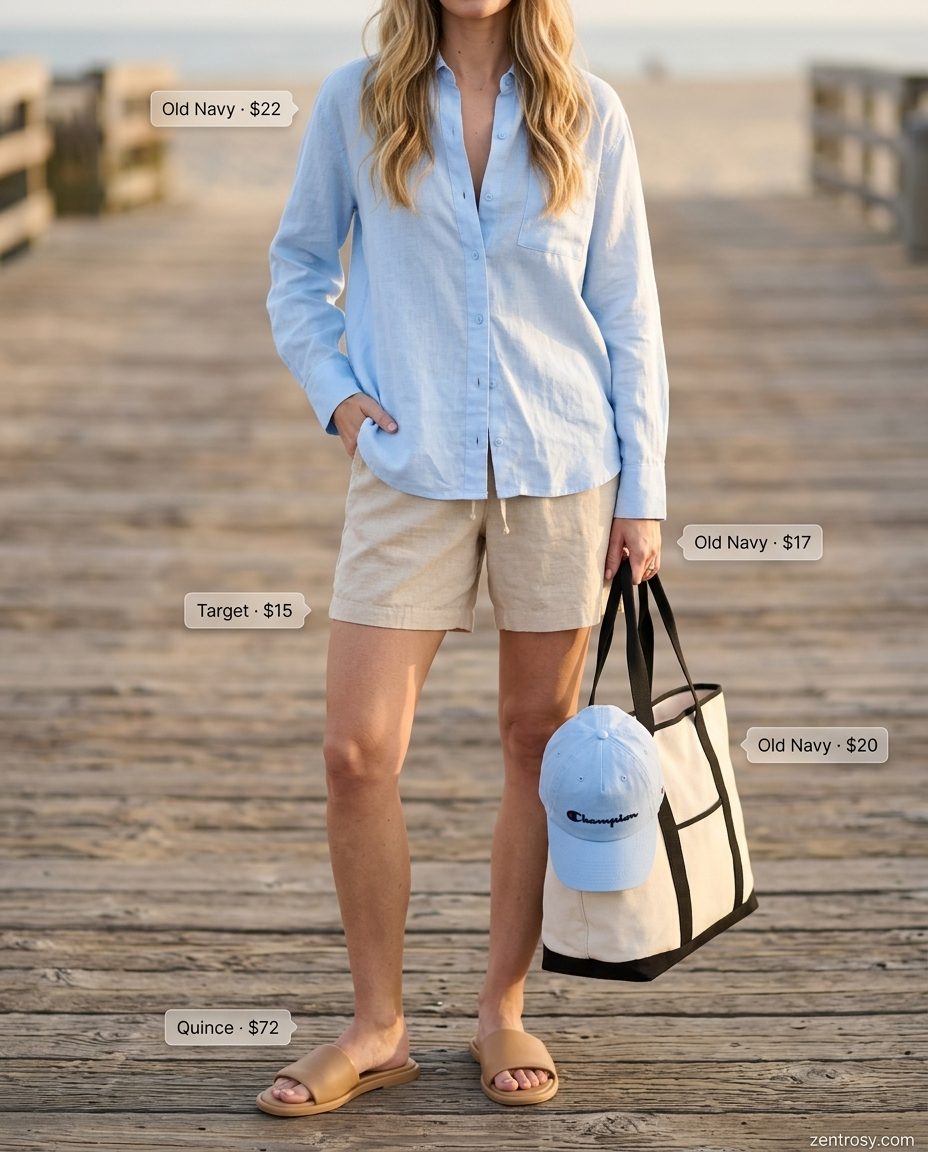Linen shorts with oversized shirt, baseball cap, and sandals: essential summer must have outfits for women 2026.