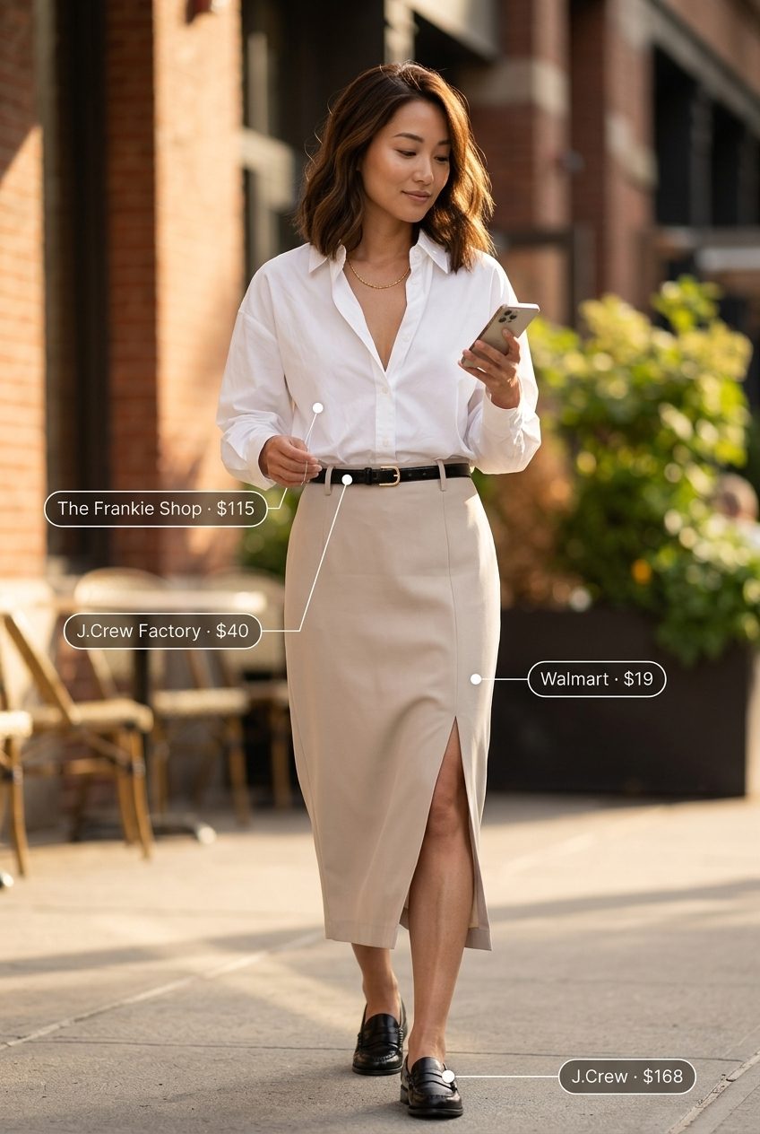 Essential summer must have outfits for women 2026: Beige midi skirt, white button-down, and black loafers for city chic style.