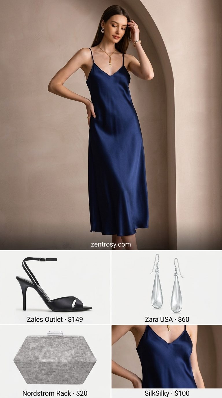 Navy silk slip dress with silver clutch and heels: essential summer must have outfits for women 2026.