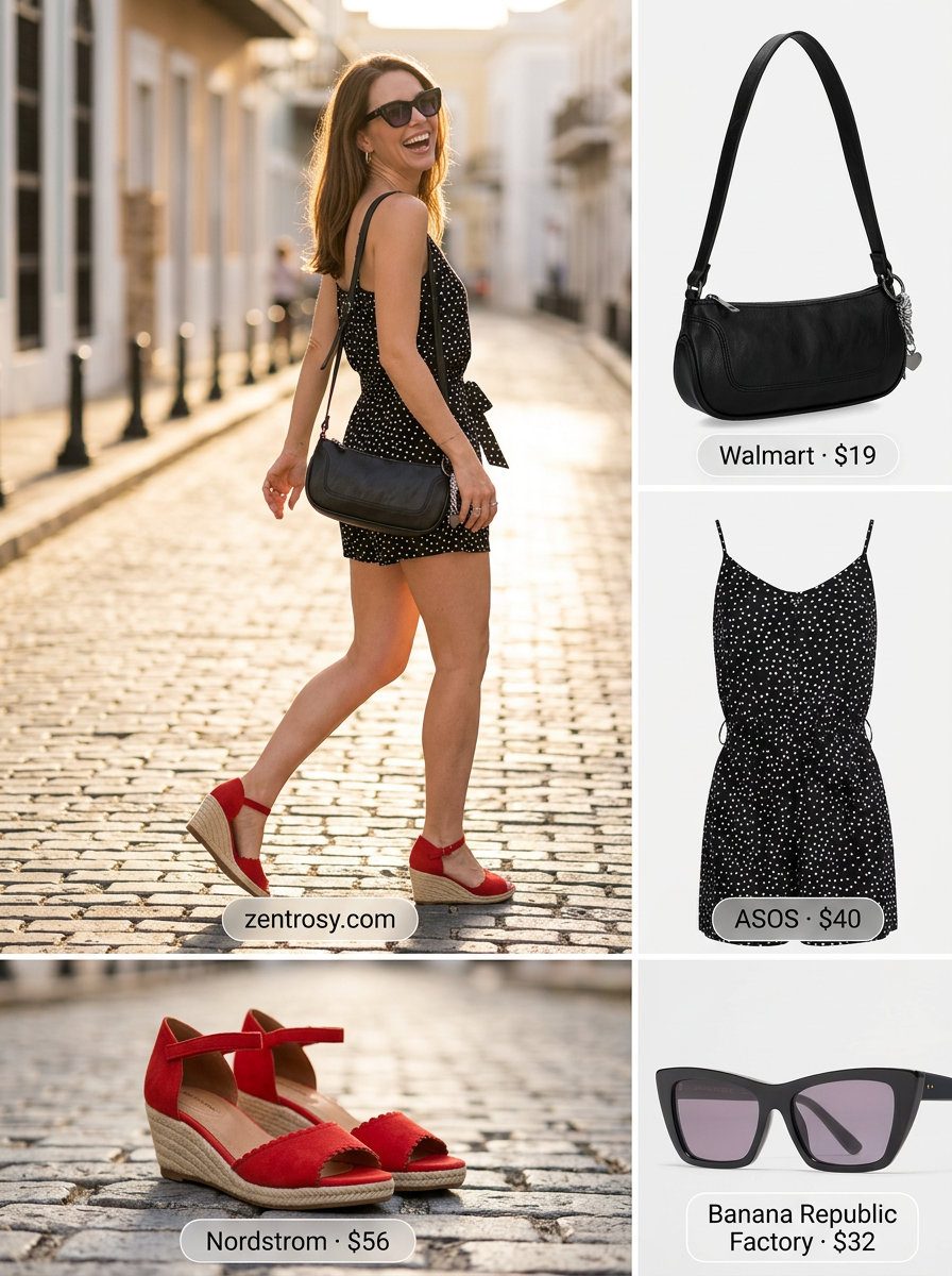 Essential summer must have outfits for women 2026: Black and white polka dot romper with red accessories for a fun summer party.