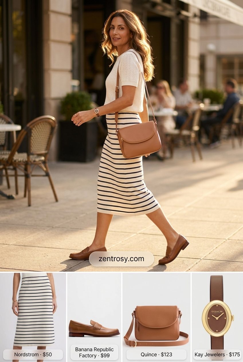 Essential summer must have outfits for women 2026: Navy & white striped knit two-piece set with tan loafers for a polished casual work day.