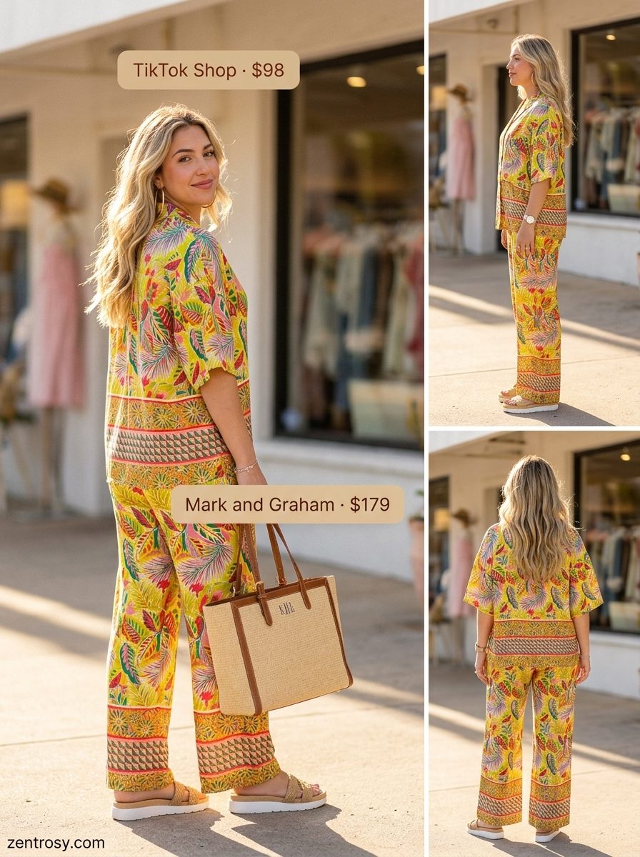 Tropical print co-ord set with raffia tote and sneakers: essential summer must have outfits for women 2026.