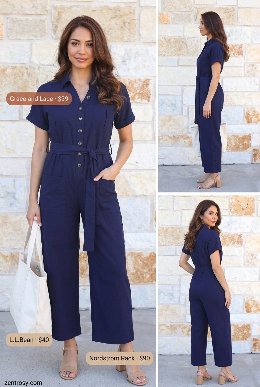 Essential summer must have outfits for women 2026: Navy utility jumpsuit with tan block heels for a weekend getaway.