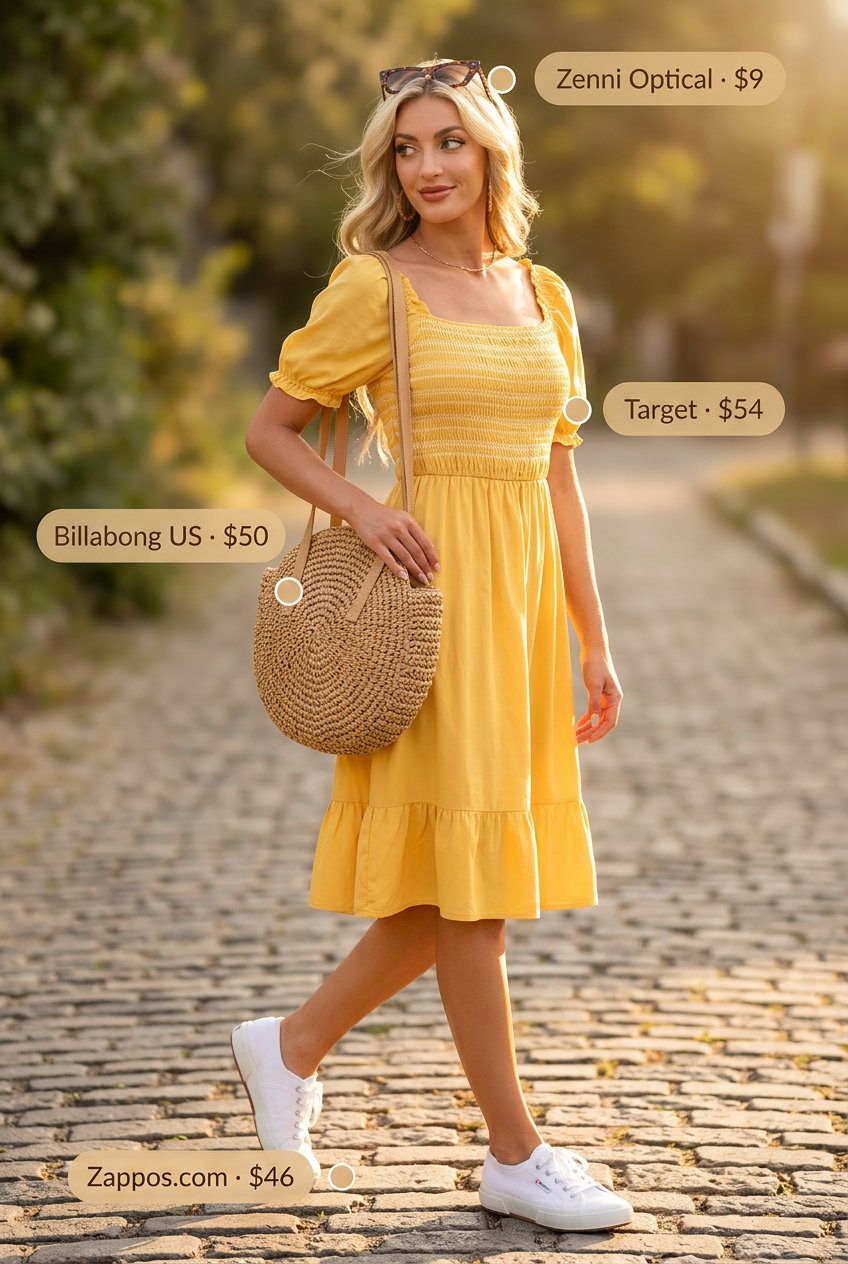 Bright yellow sundress with white sneakers and straw bag: essential summer must have outfits for women 2026.