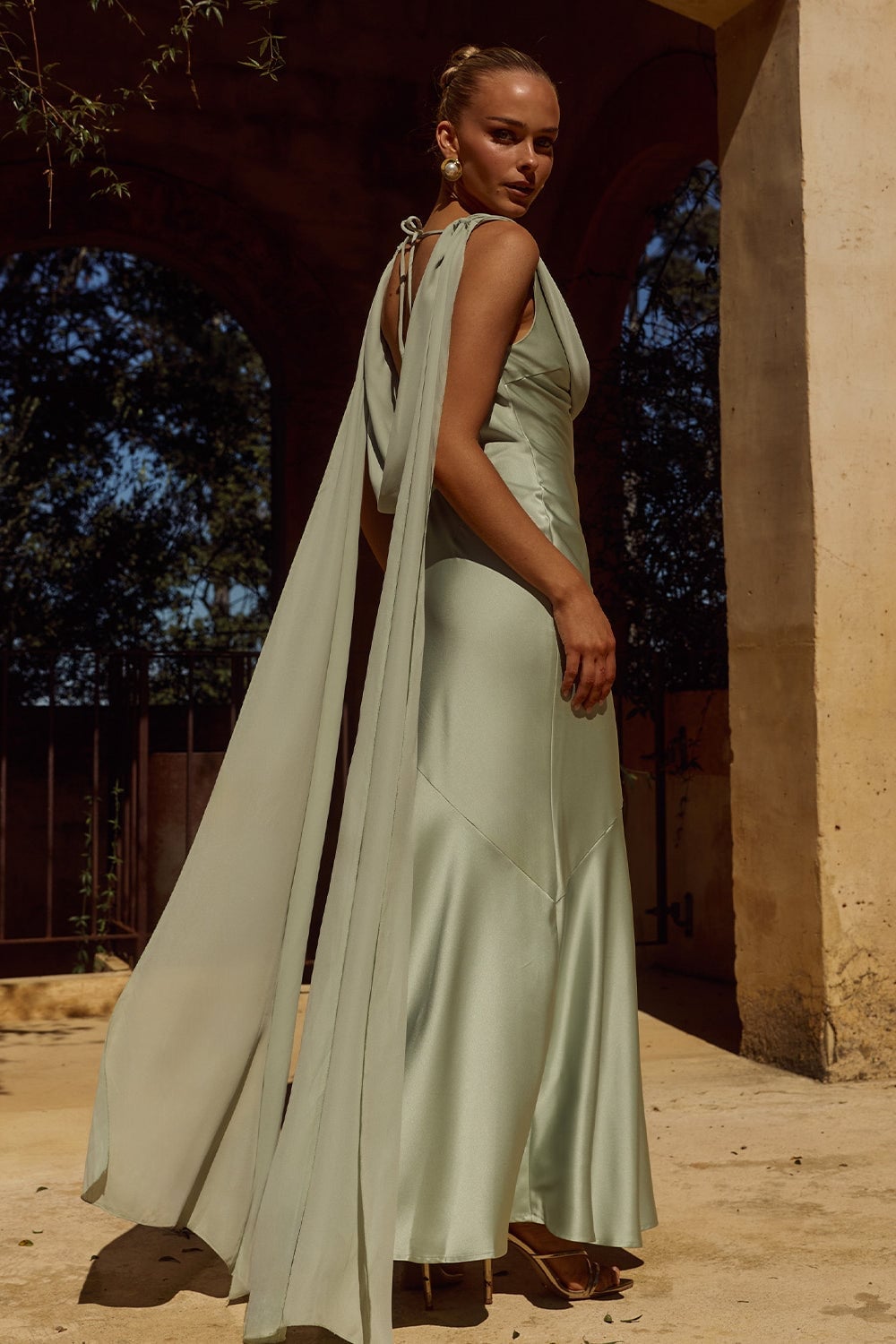 Sage Green Satin Maxi Dress with Cape Sleeves — Ethereal Dress Ideas