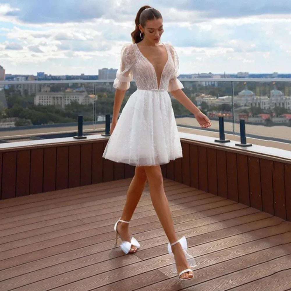 Short White Dress with Sheer Puff Sleeves — Ethereal Dress Ideas
