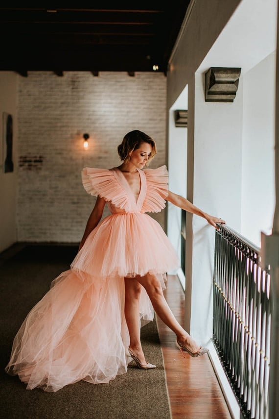 Peach Tulle High-Low Gown with Ruffled Sleeves — Ethereal Dress Ideas