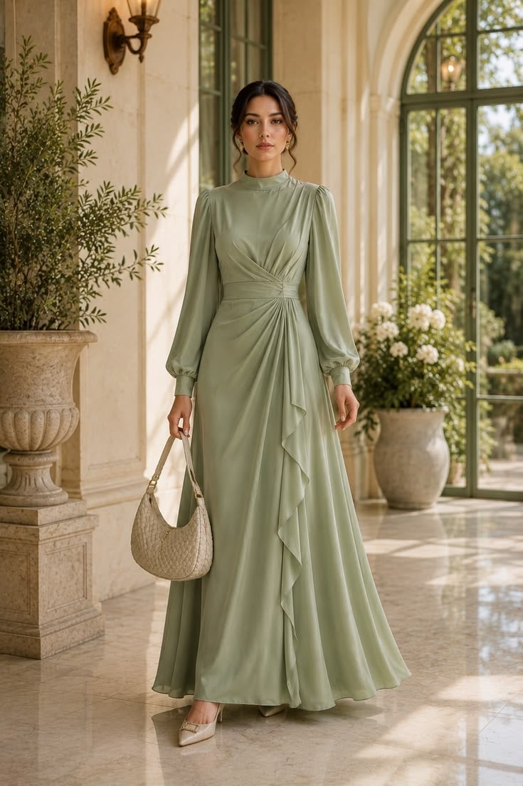 Sage Green Satin Long Sleeve Draped Dress — Ethereal Dress Ideas