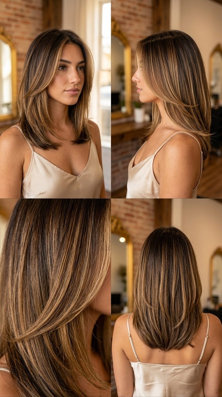 Expensive Brunette with Honey Balayage 2026 long layered expensive brunette with honey golden balayage, subtle highlights — luxurious professional look