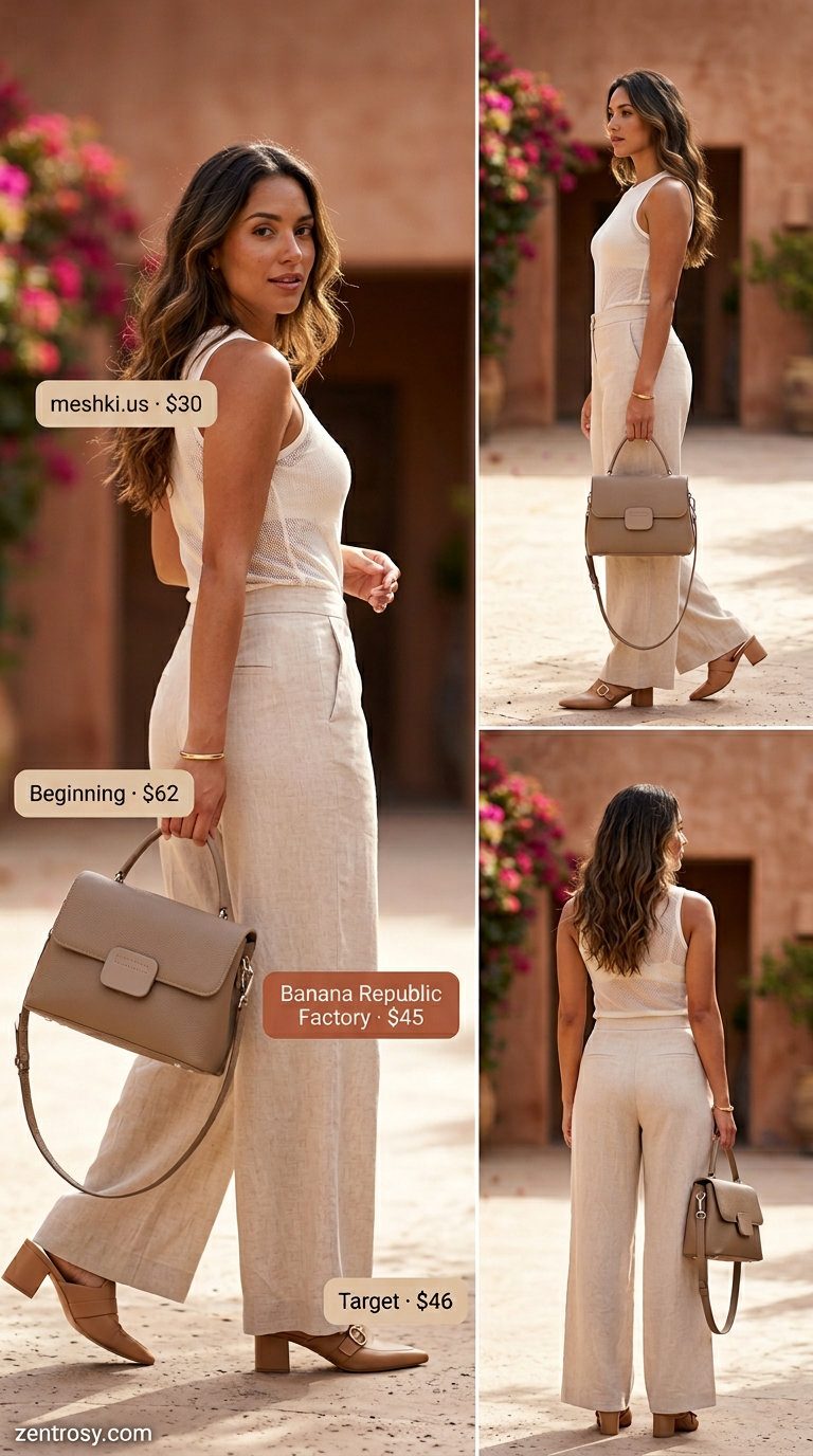Feminine romantic summer outfits 2026: Beige linen pants, ivory knit top, nude mules, gold bangle, and camel bag.