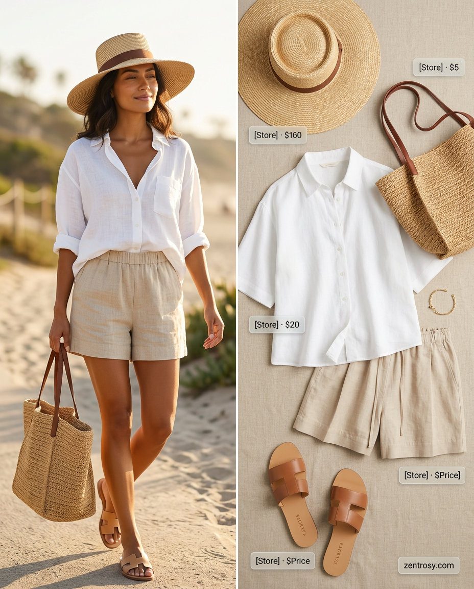 Feminine romantic summer outfits 2026: Beige linen shorts, white oversized shirt, straw hat, and leather slides for vacation.