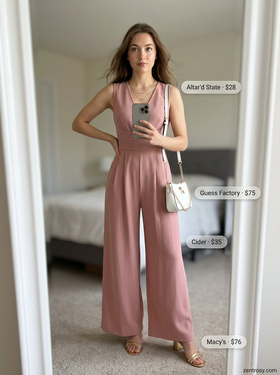 Feminine romantic summer outfits 2026: Blush pink wide-leg jumpsuit with gold sandals for an evening out.