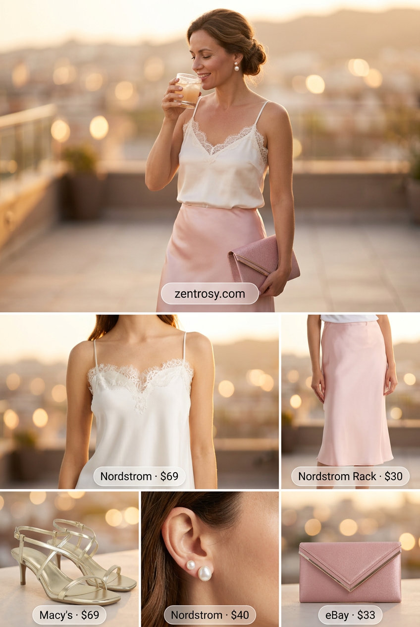 Feminine romantic summer outfits 2026: Blush pink satin skirt, ivory camisole, and heeled sandals for a date.