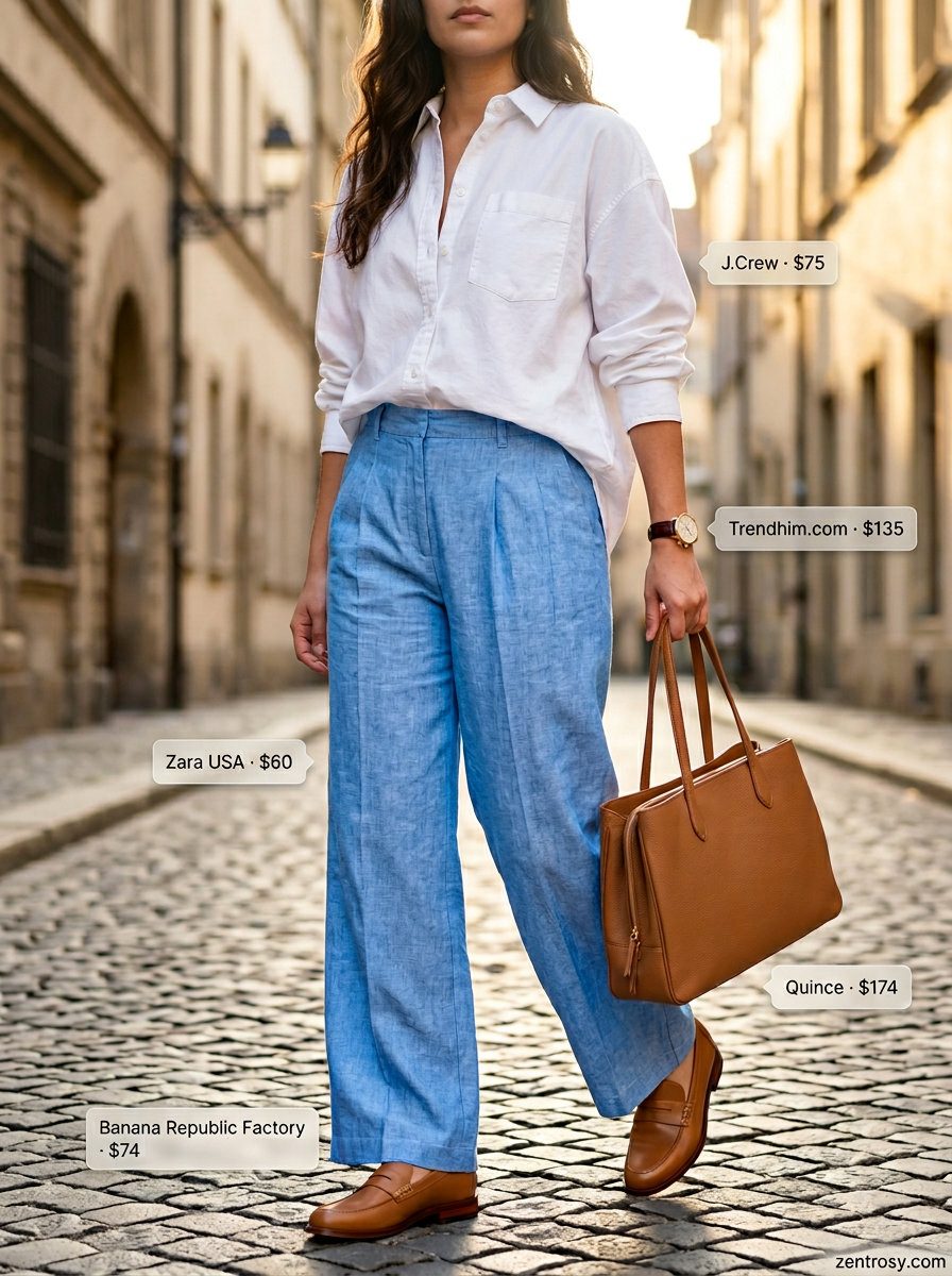 Feminine romantic summer outfits 2026: Sky blue linen trousers, white shirt, and loafers for city exploration.