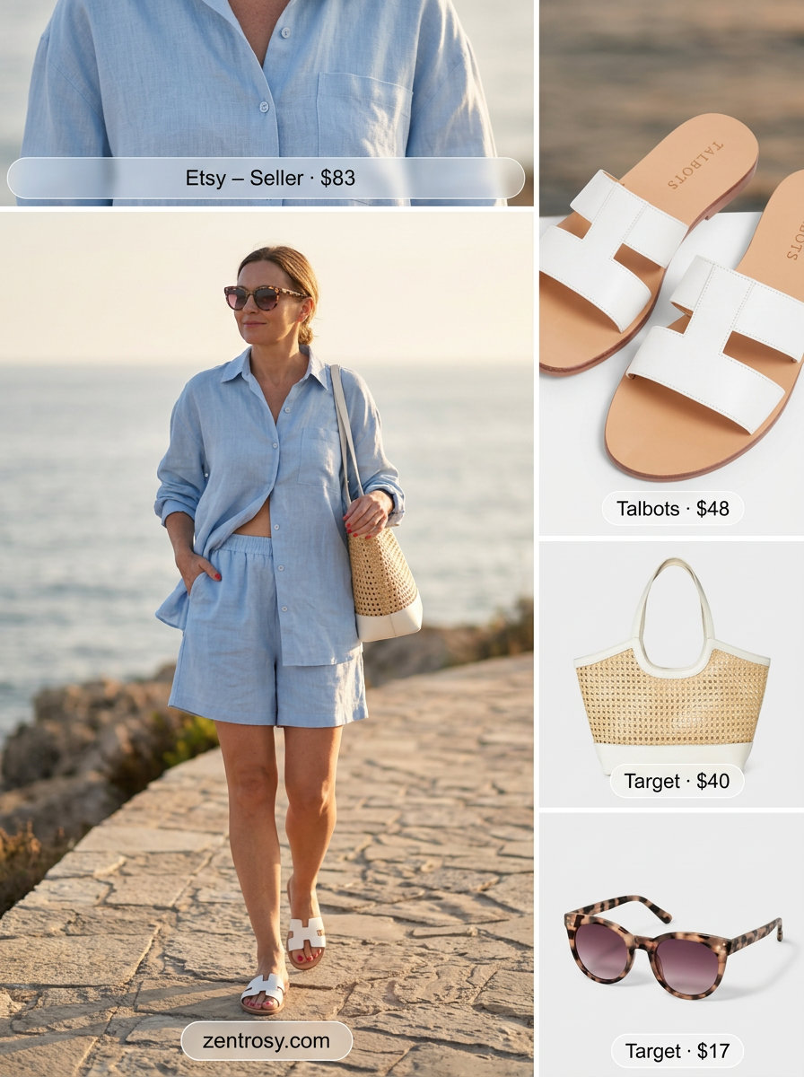Feminine romantic summer outfits 2026: Light blue linen set, straw tote, and leather slides for a relaxed coastal vibe.