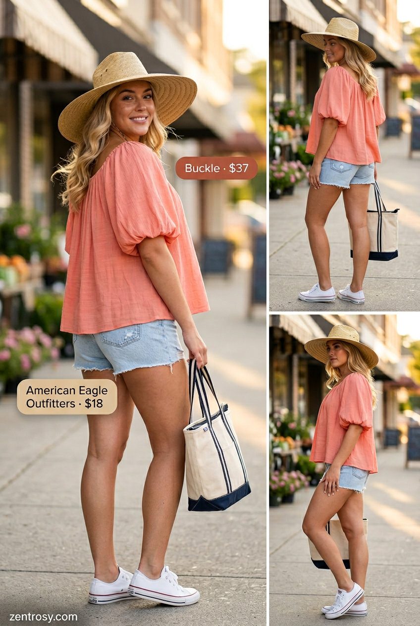 Feminine romantic summer outfit 2026: Coral puff sleeve top, distressed denim shorts, straw hat, tote bag.