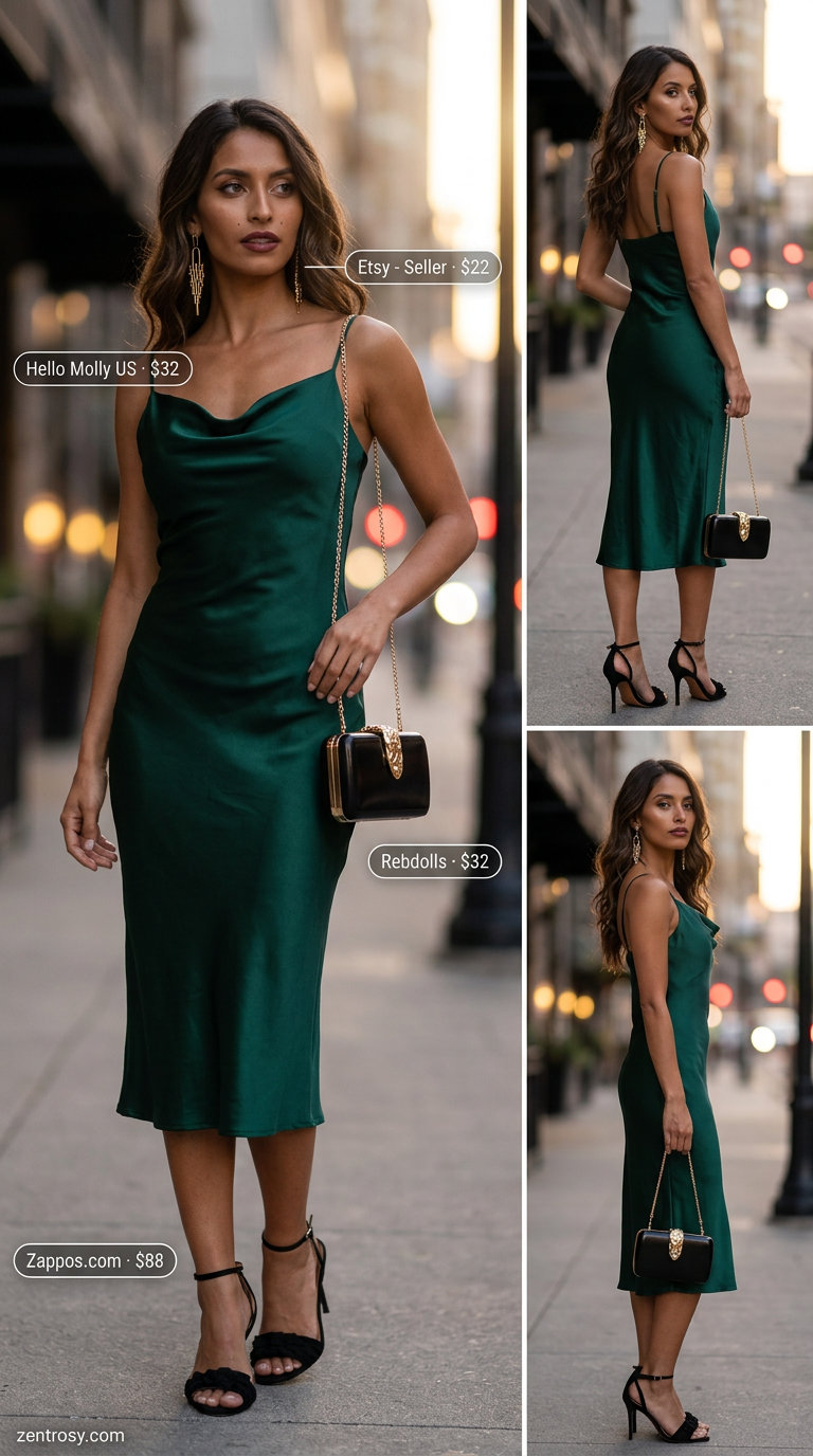 Feminine romantic summer outfits 2026: Emerald green slip dress with black heels and gold earrings for evening.