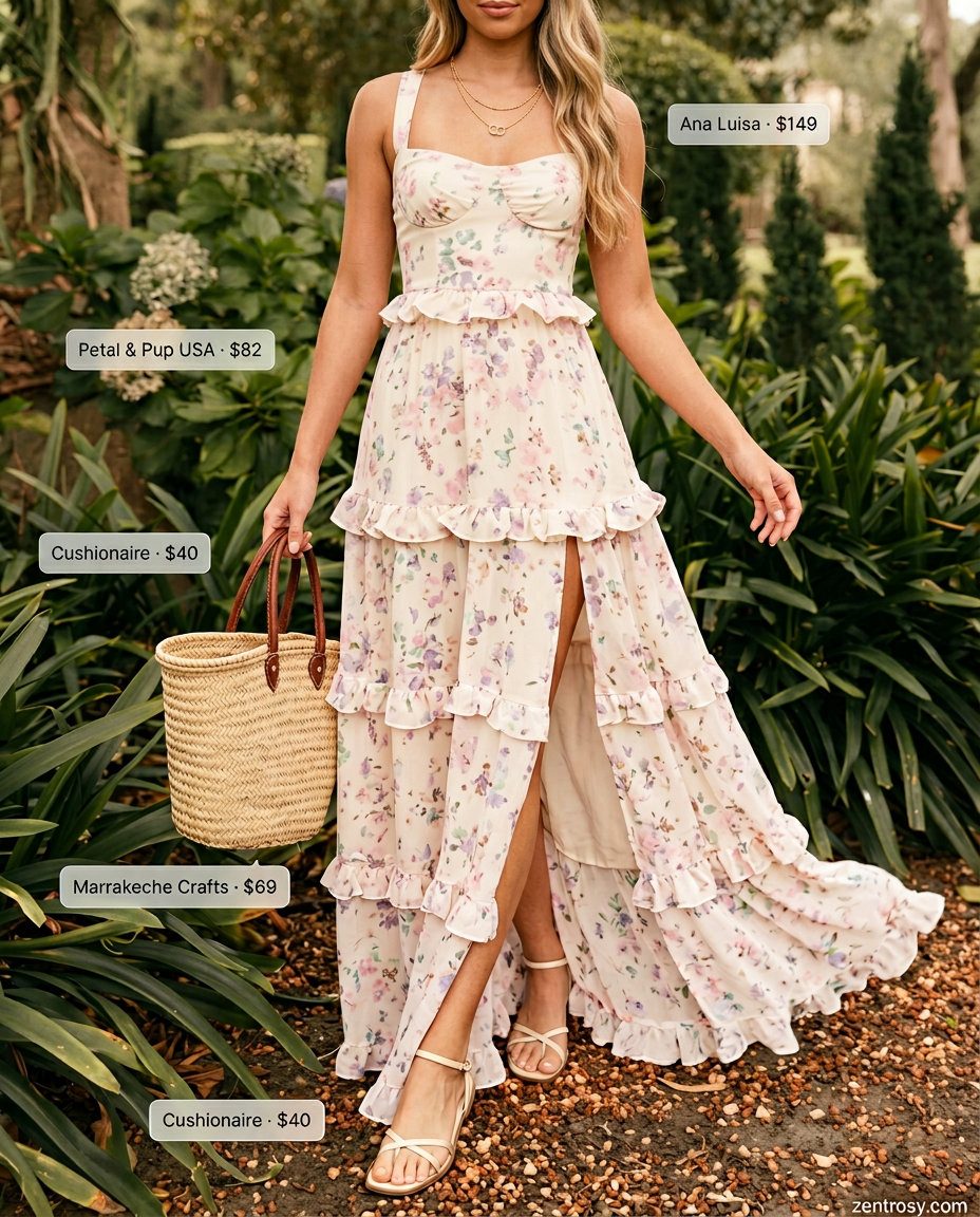 Feminine romantic summer outfits 2026: Floral chiffon maxi dress with straw tote and flat sandals for garden party.