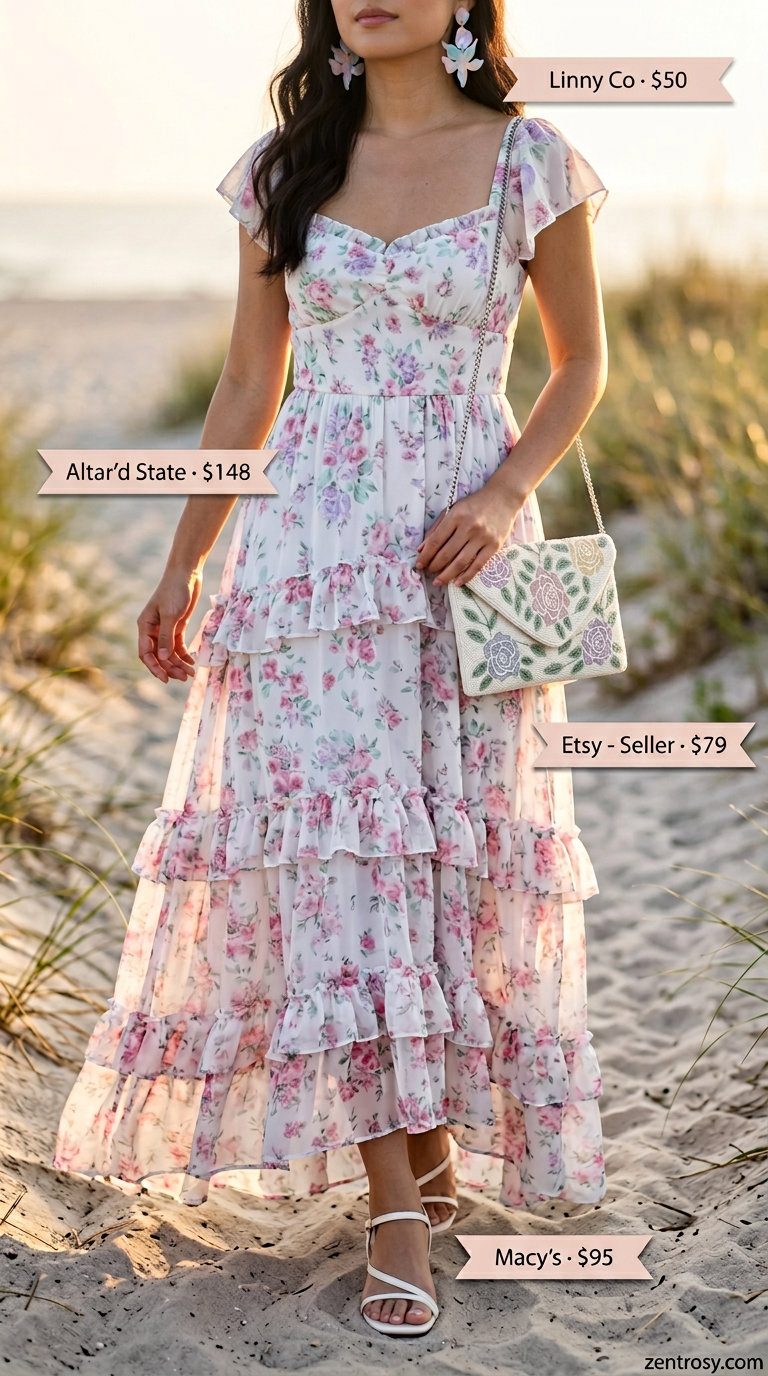 Feminine romantic summer outfit 2026: Floral maxi dress, flat sandals, beaded clutch, statement earrings.