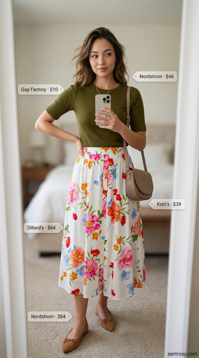 Feminine romantic summer outfits 2026: Floral midi skirt, knit top, and ballet flats for brunch.