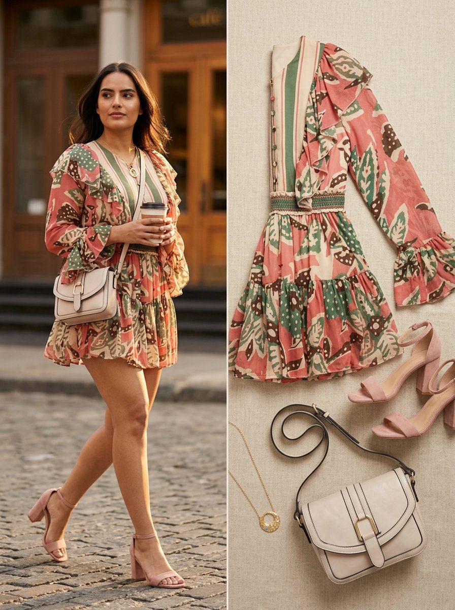 Feminine romantic summer outfits 2026: Pastel pink floral set, cream bag, gold necklace, and dusty rose heels for brunch.