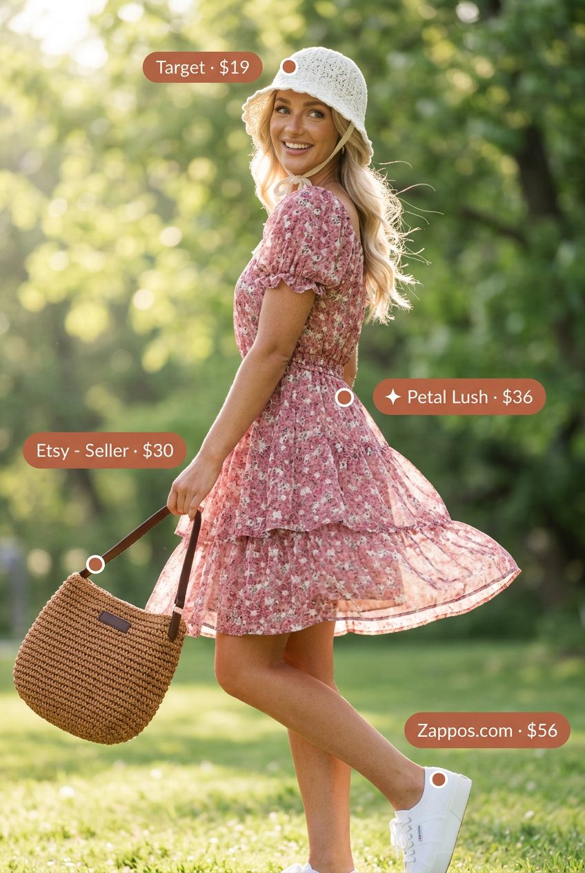 Feminine romantic summer outfit 2026: Floral sundress, white sneakers, straw tote, crochet bucket hat.