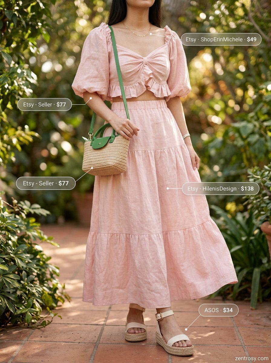 Feminine romantic summer outfit 2026: Blush pink linen crop top & wide-leg pants, espadrilles, raffia bag.