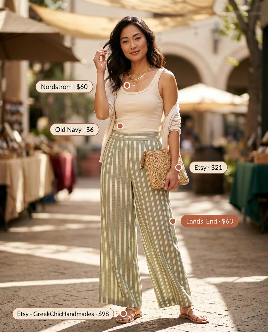 Feminine romantic summer outfit 2026: Sage green linen pants, cream tank, leather sandals, woven crossbody.
