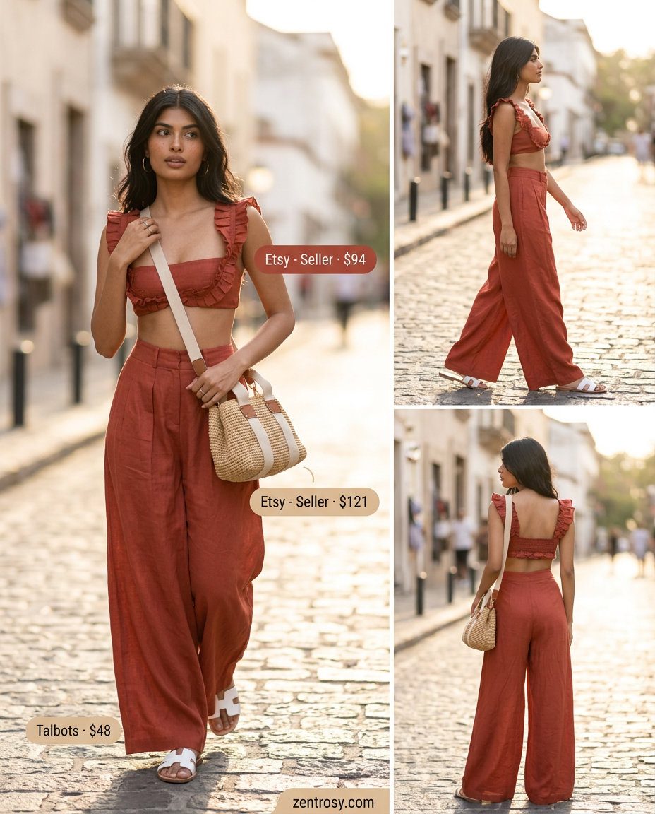 Feminine romantic summer outfits 2026: Terracotta linen set with cream slides for a chic summer day out.