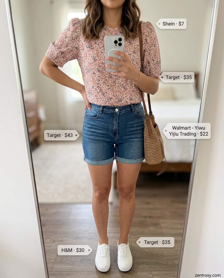 Feminine romantic summer outfits 2026: Denim shorts, floral puff sleeve blouse, and white sneakers for a picnic.
