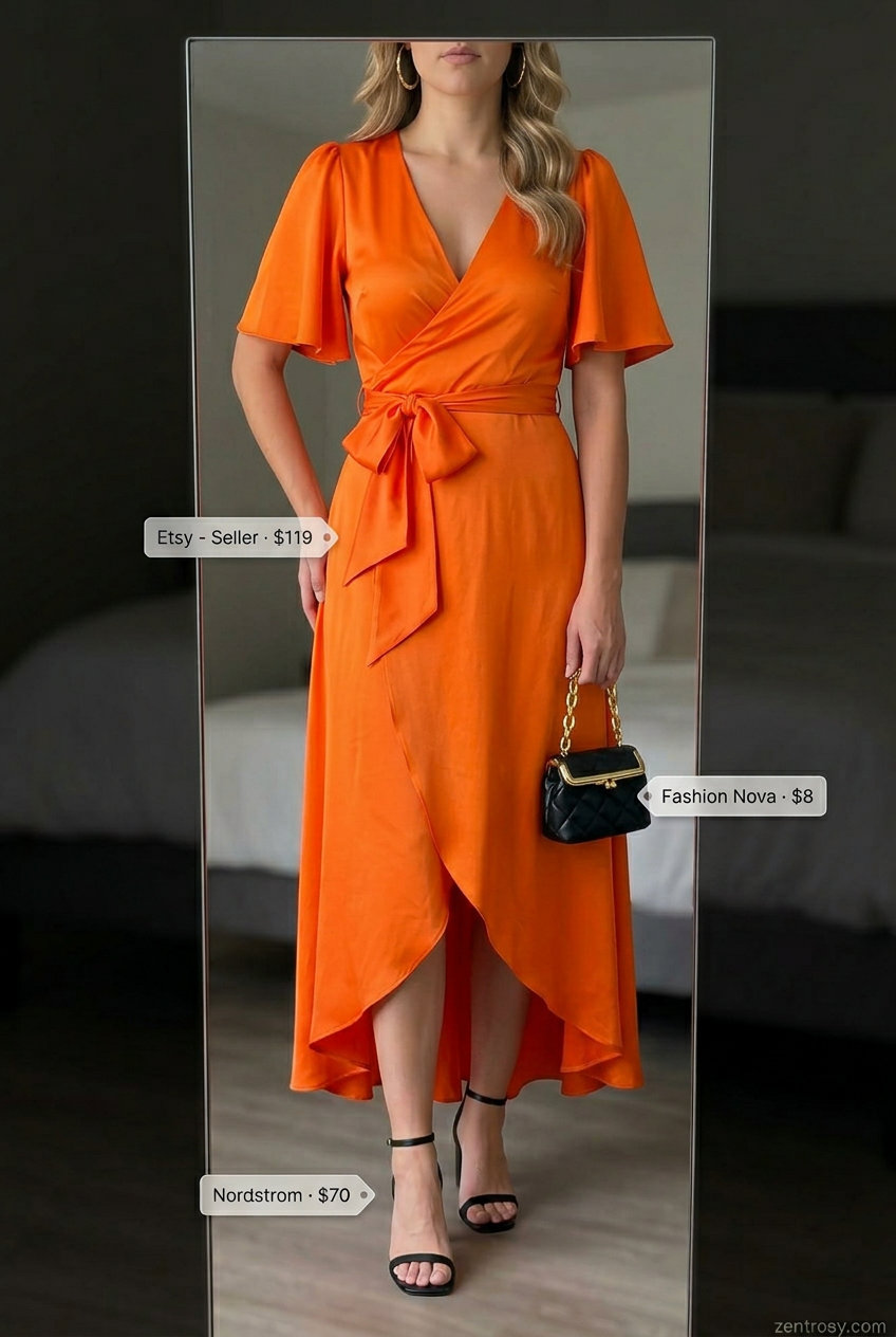 Feminine romantic summer outfits 2026: Mango orange satin midi dress, black bag, gold hoops, and black heels for date night.