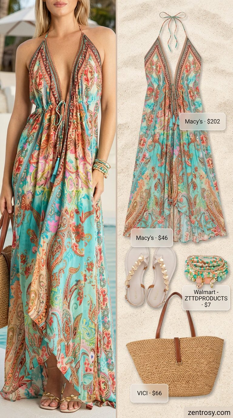 Feminine romantic summer outfits 2026: Teal maxi dress, straw tote, beaded bracelets, and embellished flat sandals.
