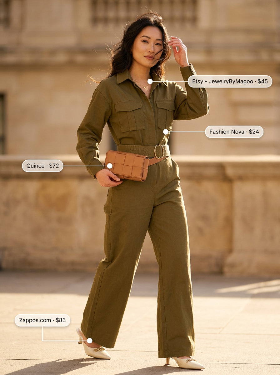 Feminine romantic summer outfit 2026: Olive utility jumpsuit, leather belt bag, pointed mules, gold necklace.
