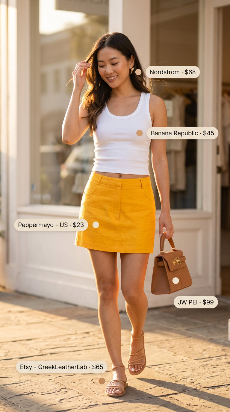 Feminine romantic summer outfit 2026: Yellow linen skirt, white tank, leather sandals, top-handle bag.