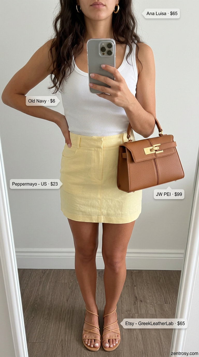 Feminine romantic summer outfits 2026: Yellow mini skirt, white tank, tan sandals, gold hoops, and cognac bag for garden party.