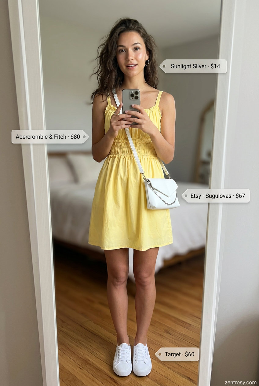 Feminine romantic summer outfit 2026: Yellow mini sundress, white crossbody bag, silver hoops, and sneakers for casual day.