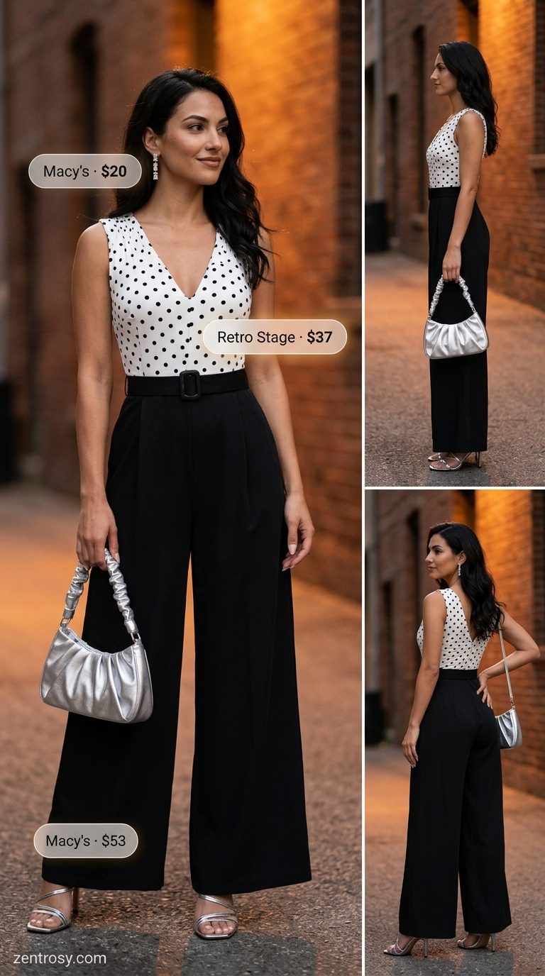 Feminine summer polka dots outfits 2026: Black and white polka dot jumpsuit, silver heels, silver clutch, drop earrings.