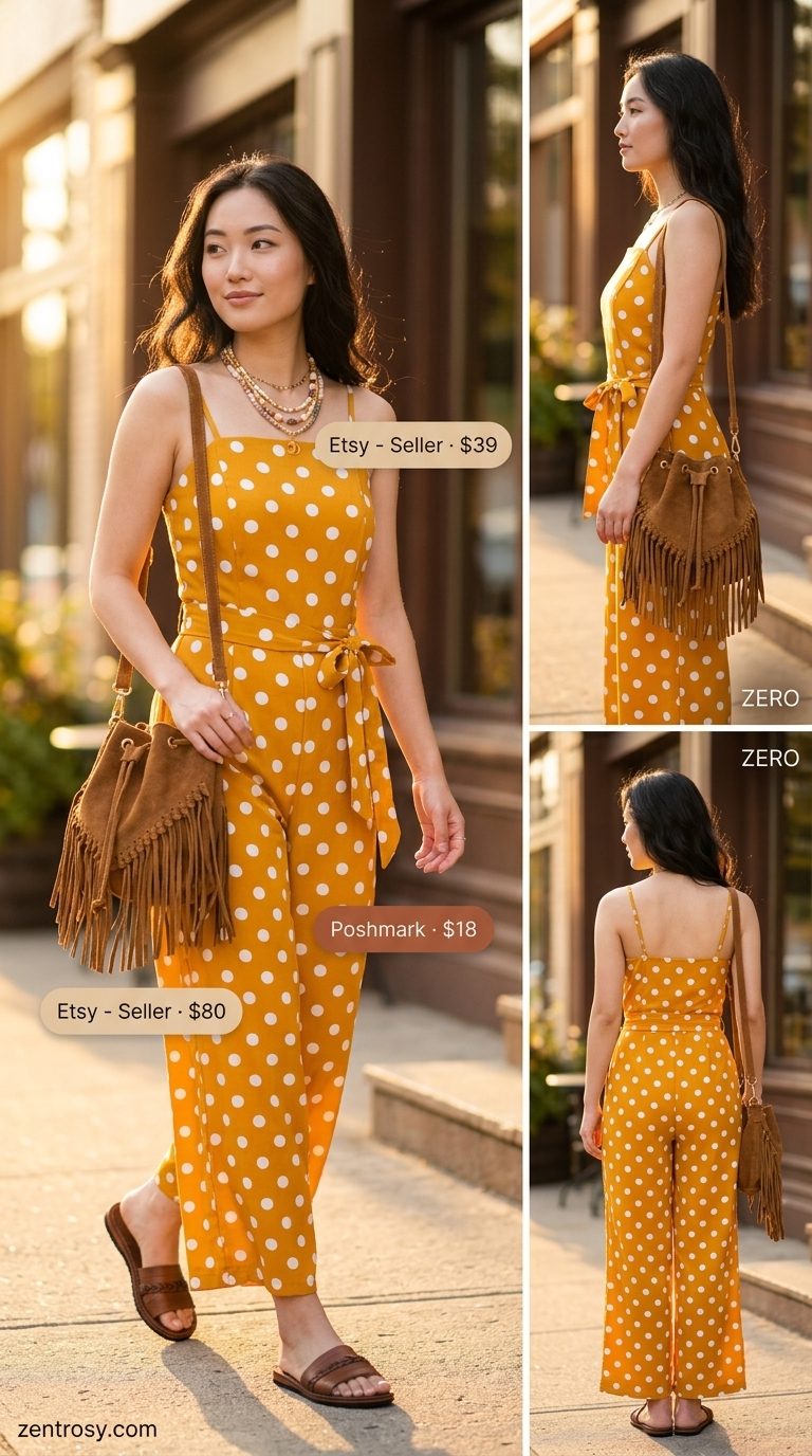 Bohemian mustard yellow polka dot jumpsuit for a relaxed summer day 2026.