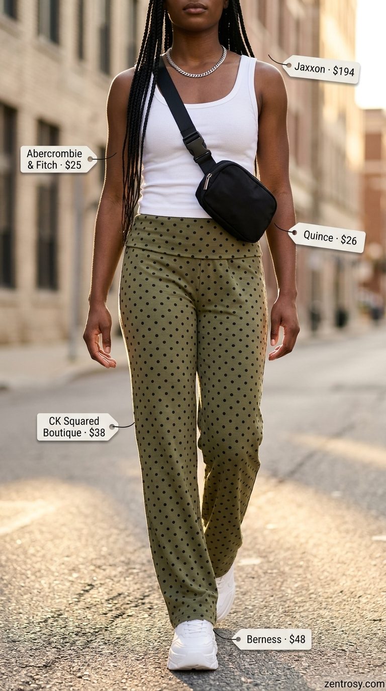 Feminine summer polka dots outfits 2026: Olive cargo pants with white polka dots, white tank & platform sneakers.