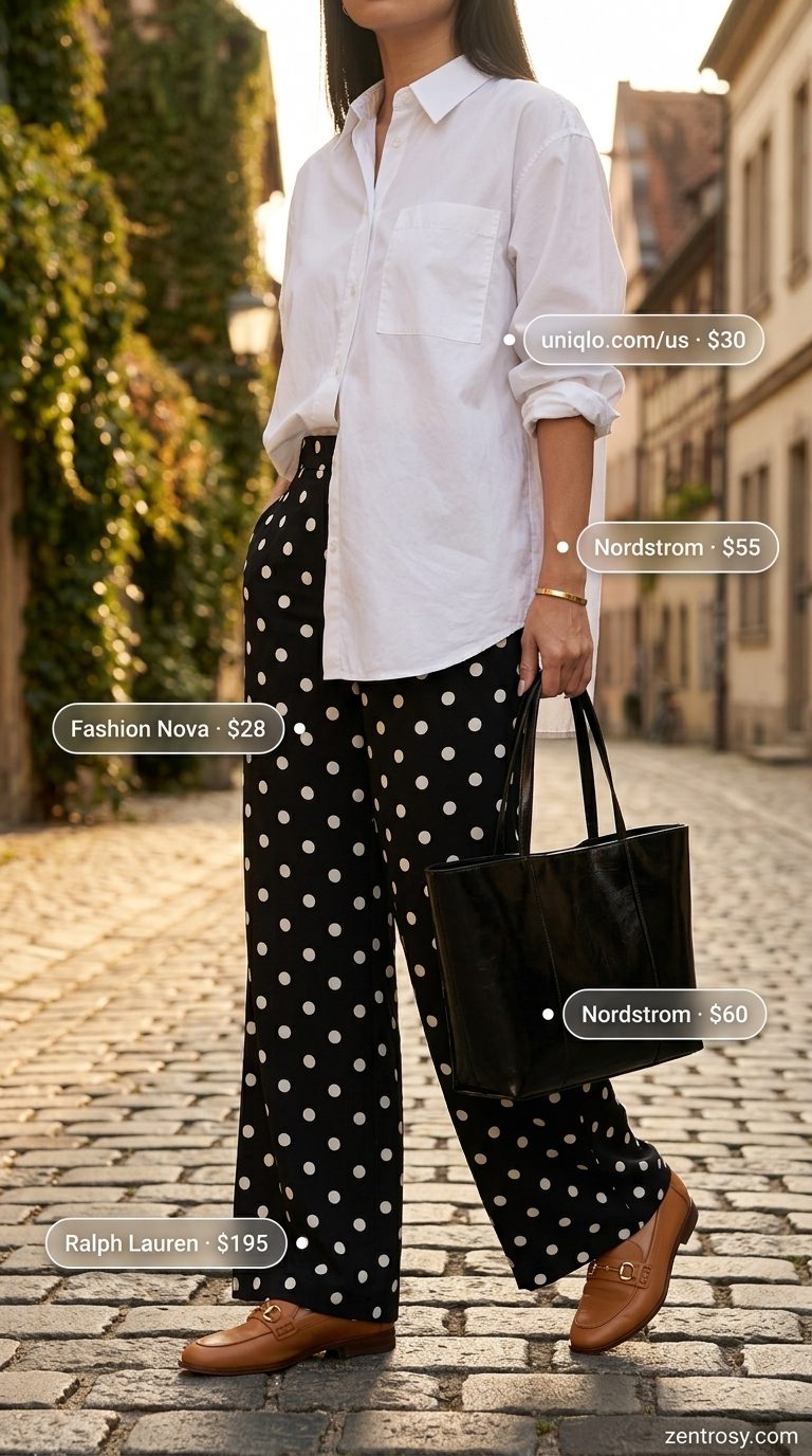 Chic black and white polka dot wide-leg pants for a modern summer outfit 2026.